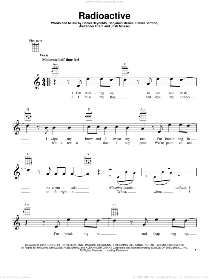 Radioactive sheet music for ukulele by Imagine Dragons, Alexander Grant, Benjamin McKee, Daniel Reynolds, Daniel Sermon and Josh Mosser, intermediate skill level