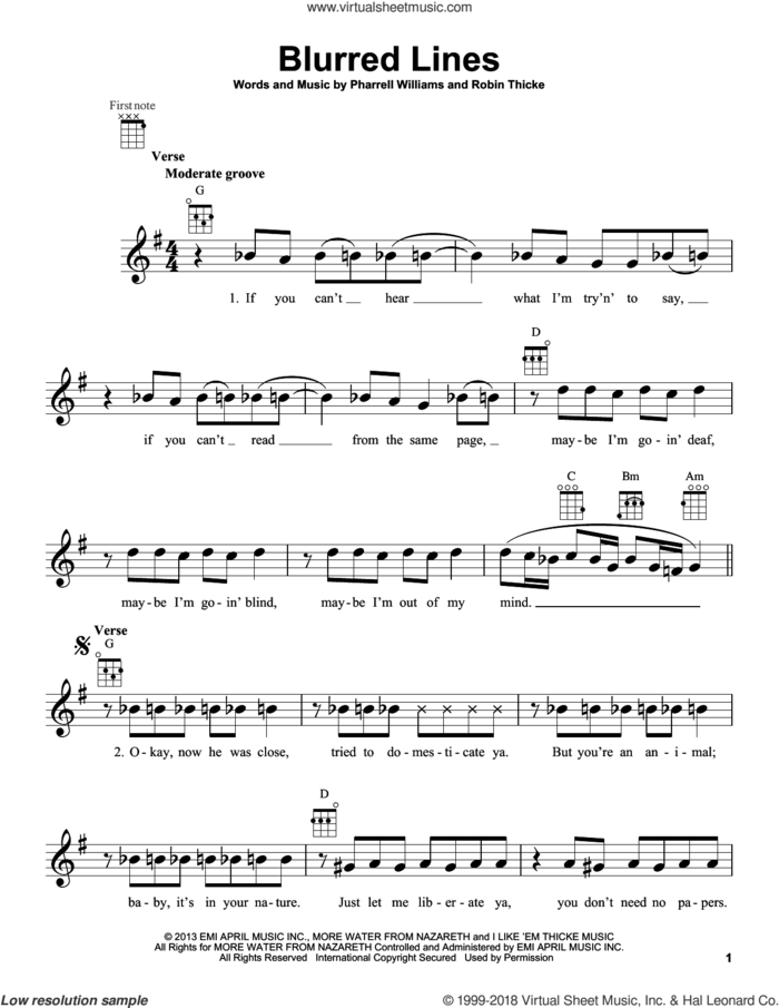 Blurred Lines sheet music for ukulele by Robin Thicke and Pharrell Williams, intermediate skill level