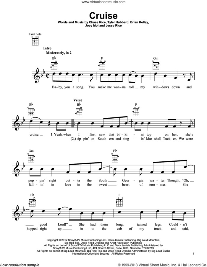 Cruise sheet music for ukulele by Florida Georgia Line, intermediate skill level