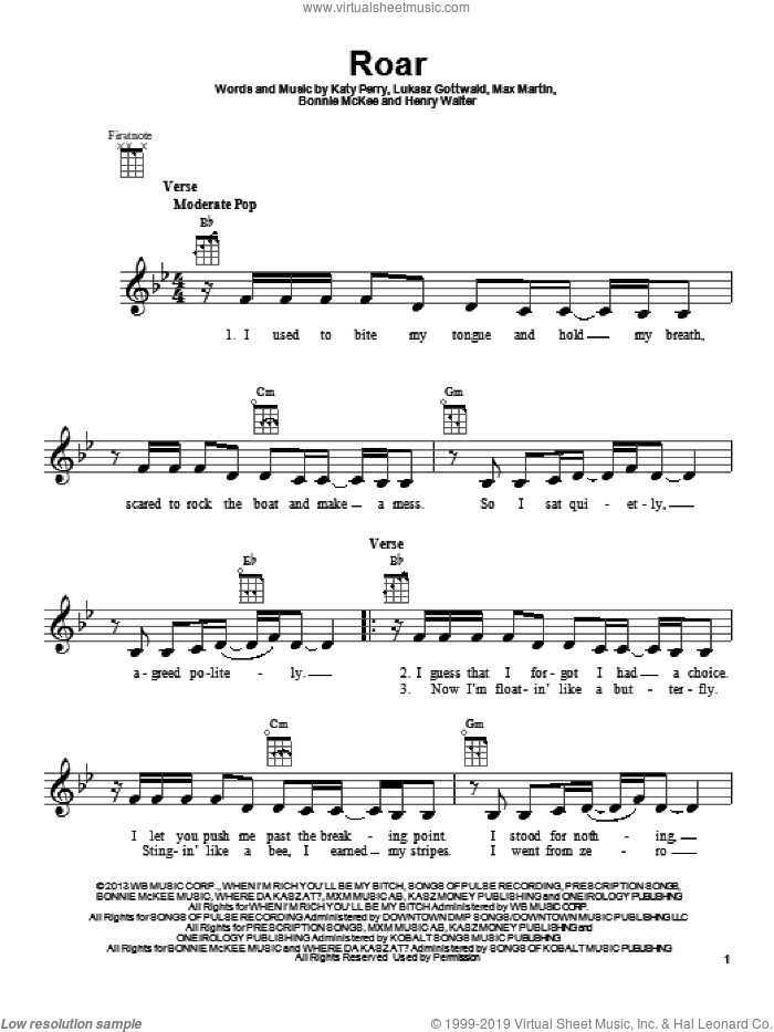 Roar sheet music for ukulele by Katy Perry, Bonnie McKee, Henry Walter, Lukasz Gottwald and Max Martin, intermediate skill level