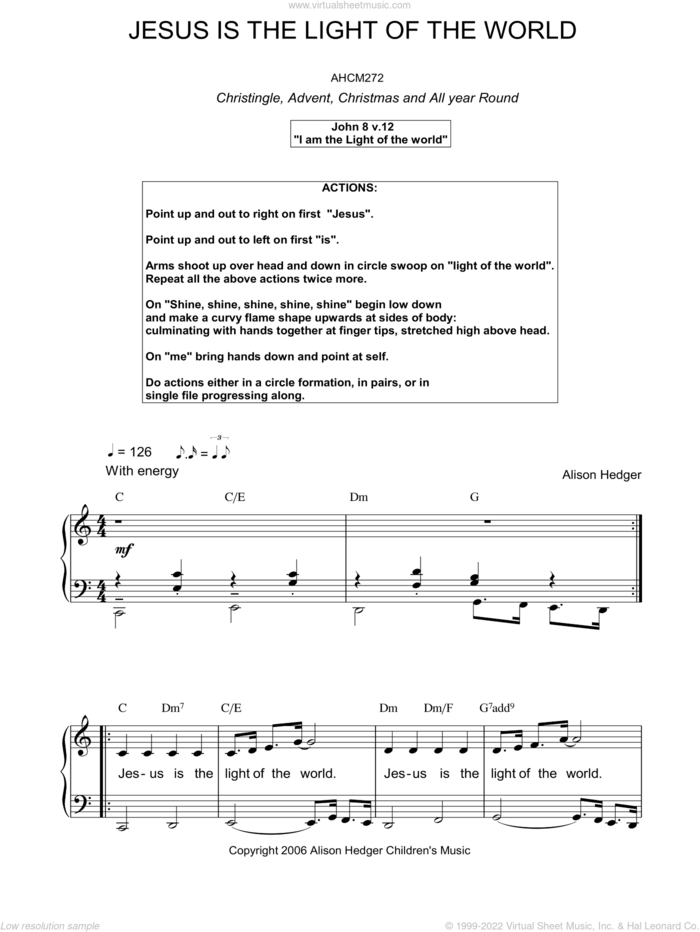 Jesus Is The Light Of The World sheet music for voice, piano or guitar by Alison Hedger, intermediate skill level