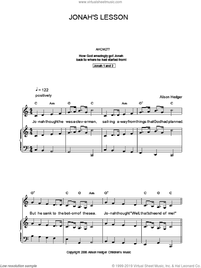 Jonah's Lesson sheet music for voice, piano or guitar by Alison Hedger, intermediate skill level