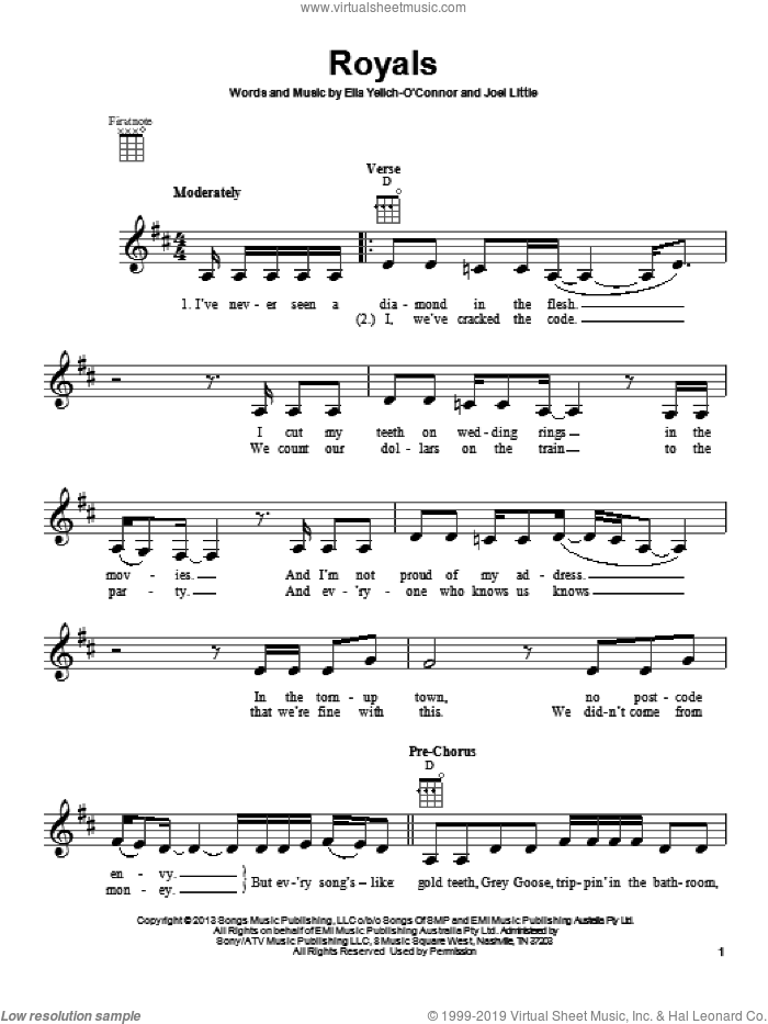 Royals sheet music for ukulele by Lorde and Joel Little, intermediate skill level