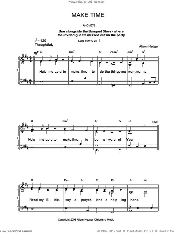 Make Time sheet music for voice, piano or guitar by Alison Hedger, intermediate skill level