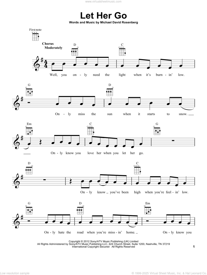 Let Her Go sheet music for ukulele by Passenger and Michael David Rosenberg, intermediate skill level