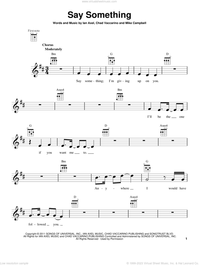 Say Something sheet music for ukulele by A Great Big World, Chad Vaccarino, Ian Axel and Mike Campbell, intermediate skill level