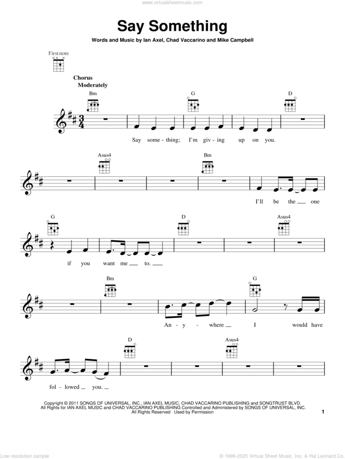 Say Something sheet music for ukulele by A Great Big World, Chad Vaccarino, Ian Axel and Mike Campbell, intermediate skill level