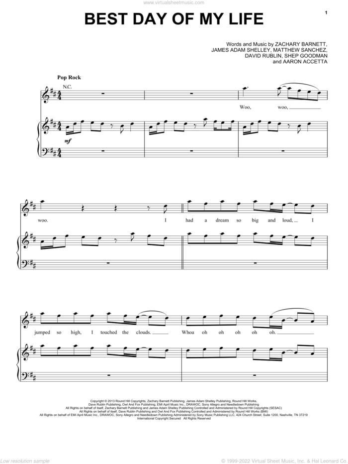 Best Day Of My Life sheet music for voice, piano or guitar by American Authors, Aaron Accetta, David Rublin, James Adam Shelley, Matthew Sanchez, Michael Goodman and Zachary Barnett, intermediate skill level