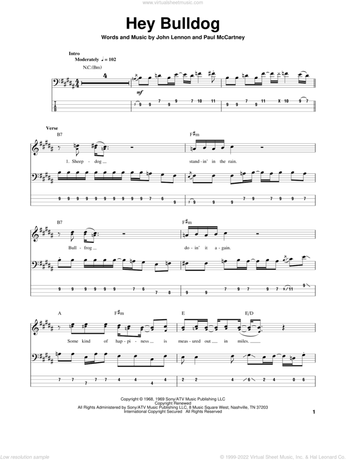 Hey Bulldog sheet music for bass (tablature) (bass guitar) by The Beatles, John Lennon and Paul McCartney, intermediate skill level