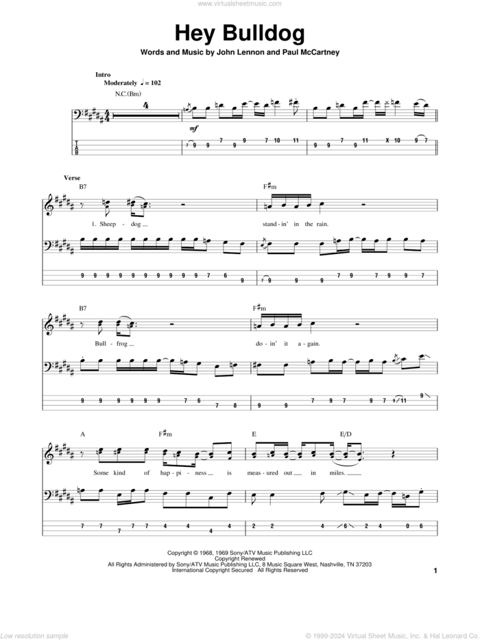 Hey Bulldog sheet music for bass (tablature) (bass guitar) by The Beatles, John Lennon and Paul McCartney, intermediate skill level