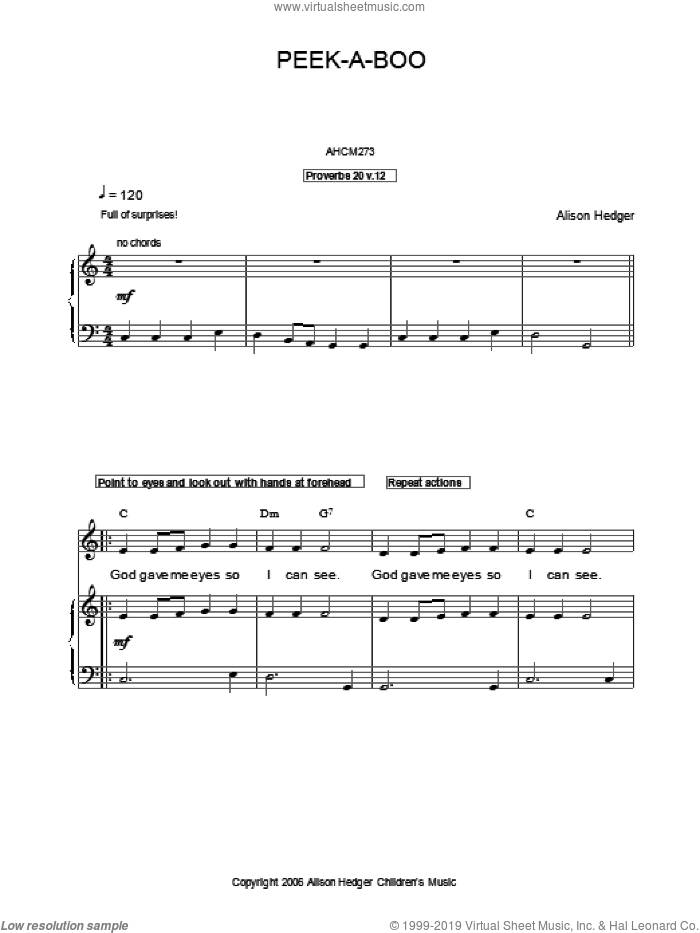Peek-A-Boo sheet music for voice, piano or guitar by Alison Hedger, intermediate skill level
