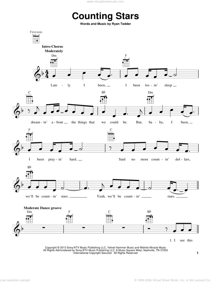 Counting Stars sheet music for ukulele by OneRepublic and Ryan Tedder, intermediate skill level