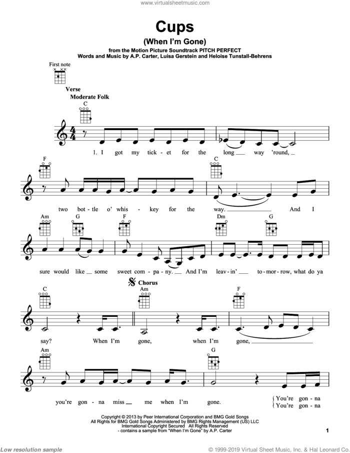 Cups (When I'm Gone) sheet music for ukulele by Anna Kendrick, A.P. Carter, Heloise Tunstall-Behrens and Luisa Gerstein, intermediate skill level