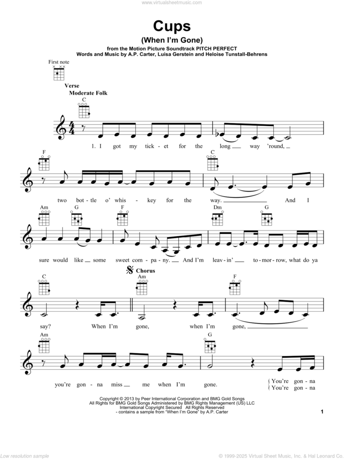 Cups (When I'm Gone) sheet music for ukulele by Anna Kendrick, A.P. Carter, Heloise Tunstall-Behrens and Luisa Gerstein, intermediate skill level