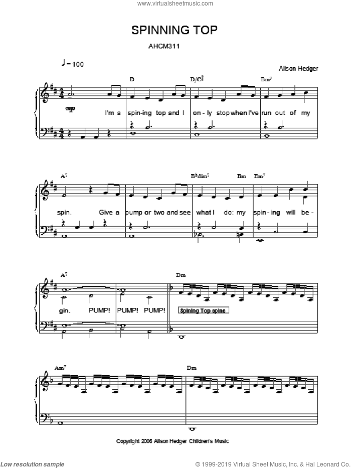Spinning Top sheet music for voice, piano or guitar by Alison Hedger, intermediate skill level