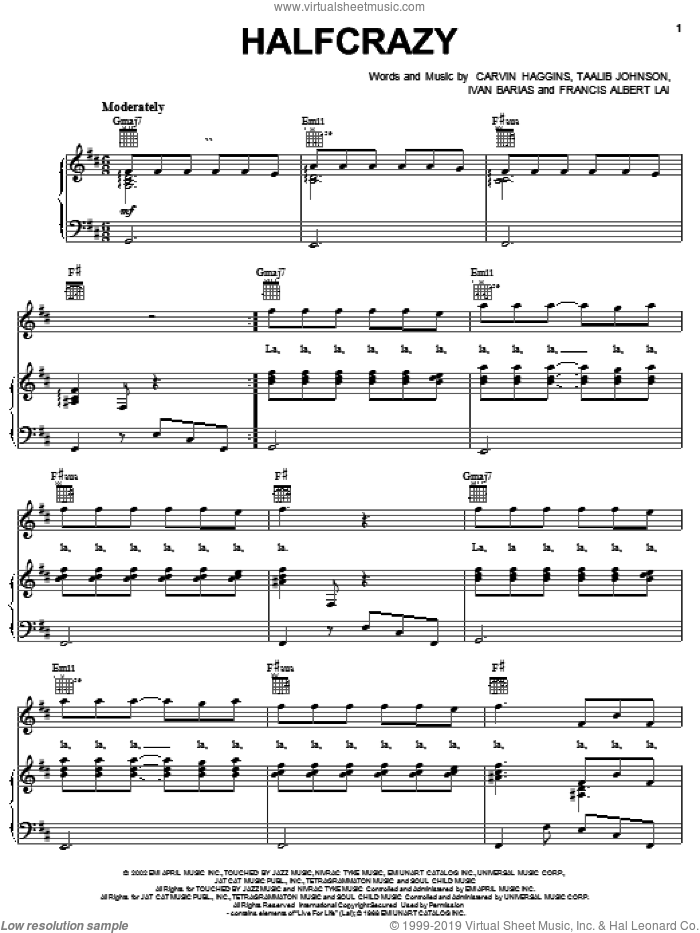 Halfcrazy sheet music for voice, piano or guitar by Musiq, Carvin Haggins, Francis Albert Lai and Ivan Barias, intermediate skill level
