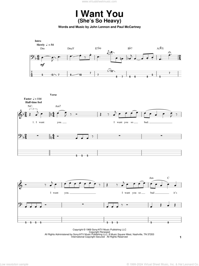 I Want You (She's So Heavy) sheet music for bass (tablature) (bass guitar) by The Beatles, John Lennon and Paul McCartney, intermediate skill level