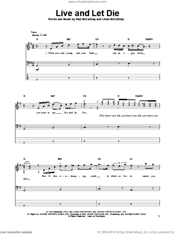 Live And Let Die sheet music for bass (tablature) (bass guitar) by Wings, Linda McCartney and Paul McCartney, intermediate skill level