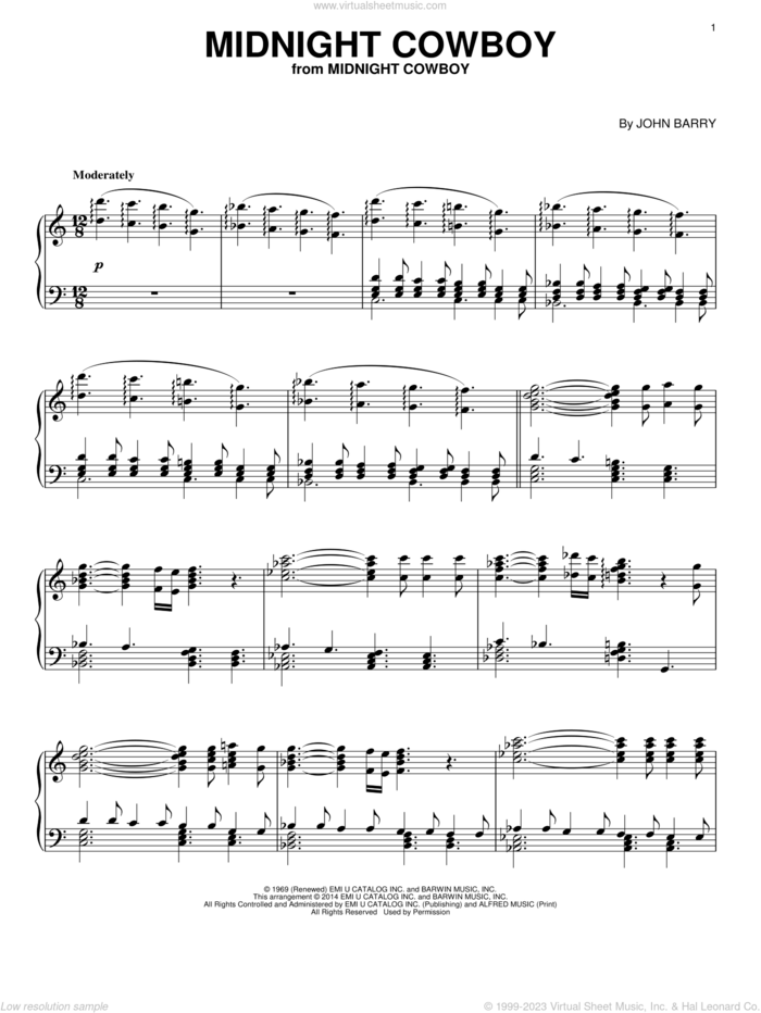 Midnight Cowboy sheet music for piano solo by John Barry, intermediate skill level