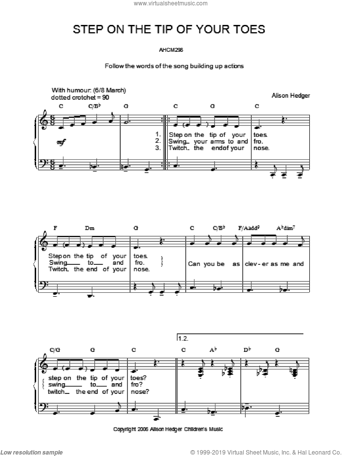 Step On The Tip Of Your Toes sheet music for voice, piano or guitar by Alison Hedger, intermediate skill level