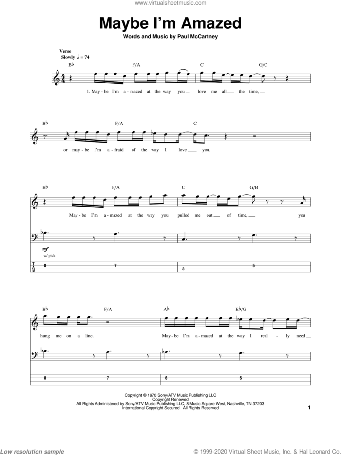 Maybe I'm Amazed sheet music for bass (tablature) (bass guitar) by Paul McCartney, intermediate skill level