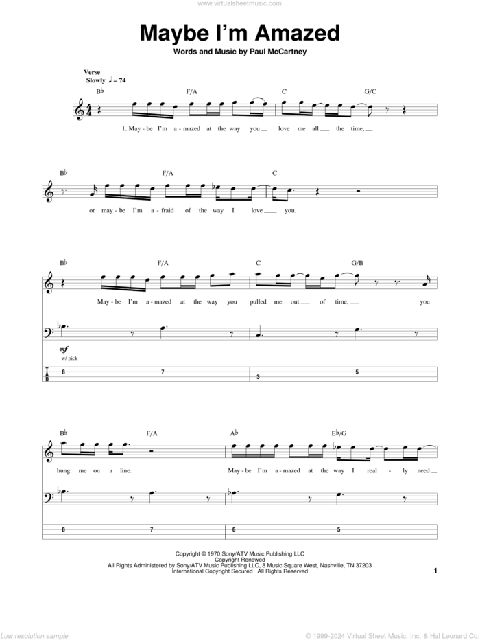 Maybe I'm Amazed sheet music for bass (tablature) (bass guitar) by Paul McCartney, intermediate skill level