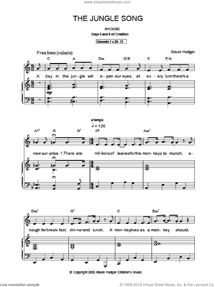 The Jungle Song sheet music for voice, piano or guitar by Alison Hedger, intermediate skill level