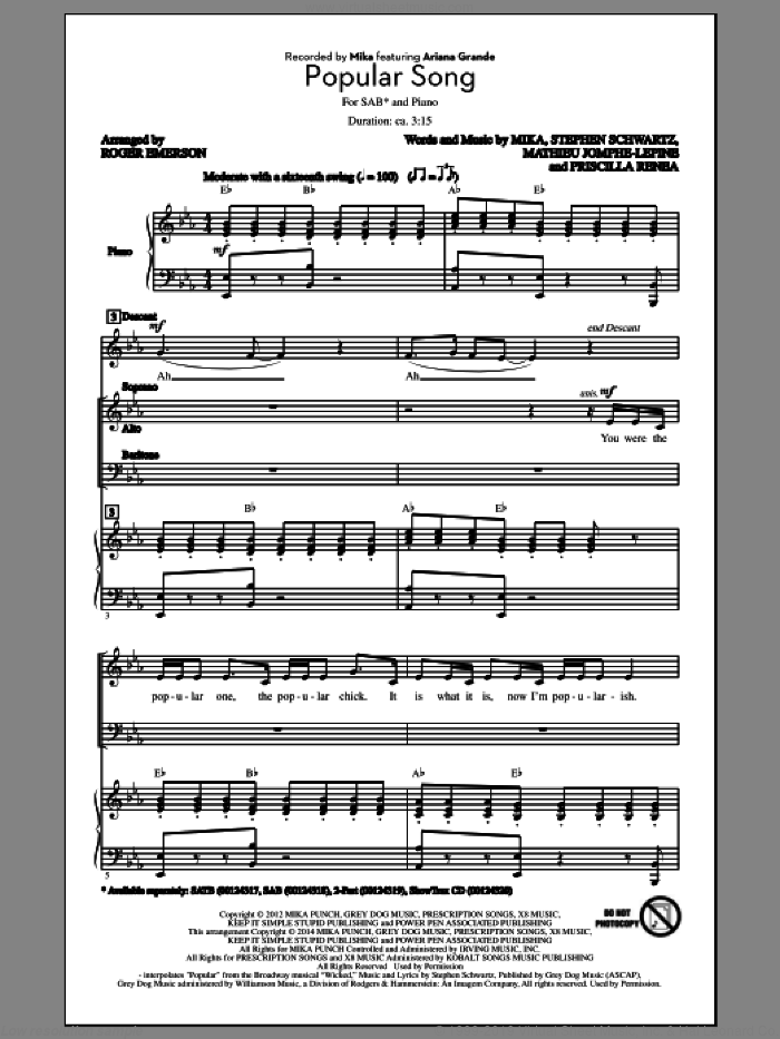 Popular Song sheet music for choir (SAB: soprano, alto, bass) by Roger Emerson, Ariana Grande, Mathieu Jomphe-Lepine, Mika, Priscilla Renea and Stephen Schwartz, intermediate skill level
