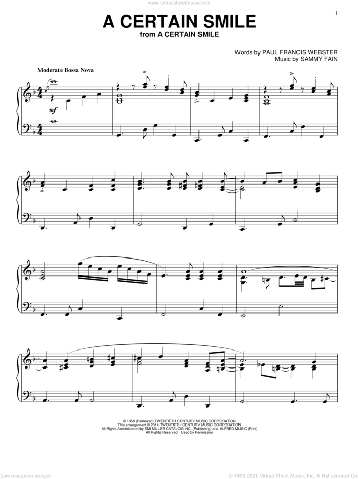 A Certain Smile, (intermediate) sheet music for piano solo by Johnny Mathis, Paul Francis Webster and Sammy Fain, intermediate skill level