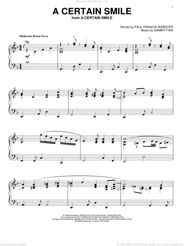 A Certain Smile sheet music for piano solo by Johnny Mathis, Paul Francis Webster and Sammy Fain, intermediate skill level