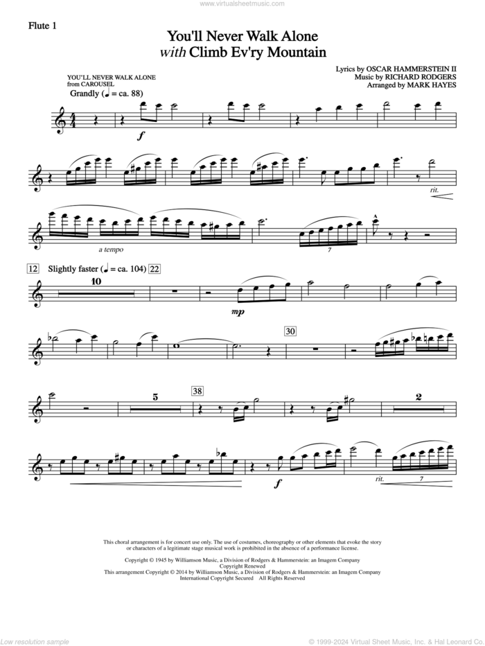 You'll Never Walk Alone (with Climb Every Mountain) sheet music for orchestra/band (flute 1) by Richard Rodgers, Margery McKay, Patricia Neway, Tony Bennett, Mark Hayes and Oscar II Hammerstein, intermediate skill level