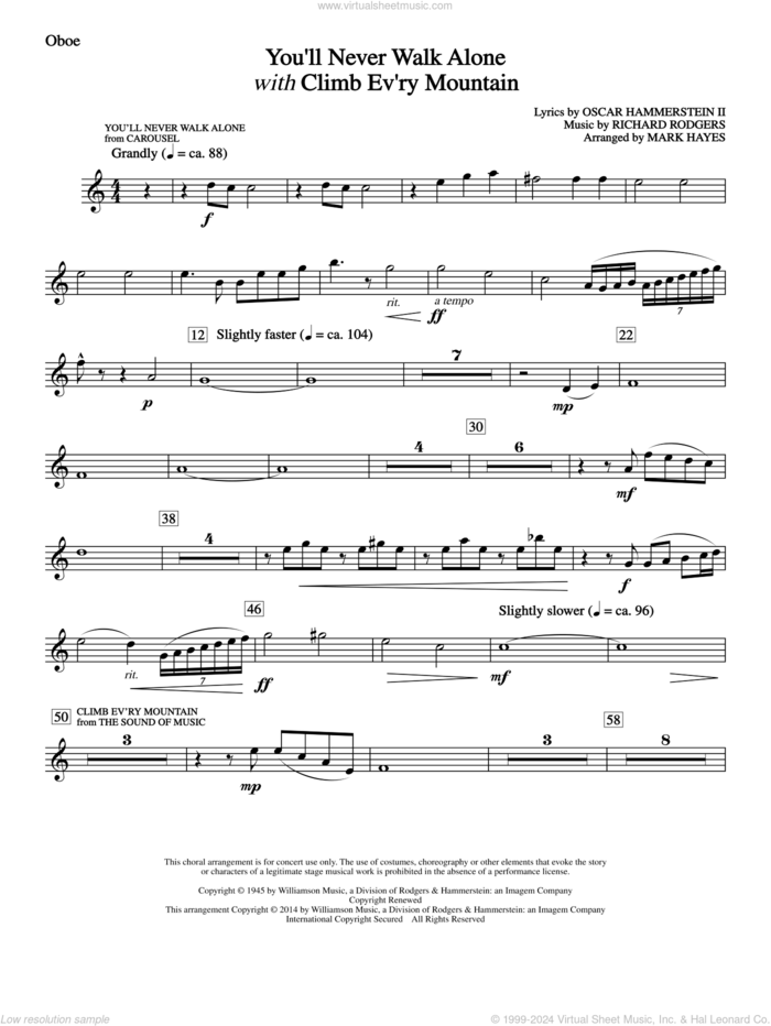 You'll Never Walk Alone (with Climb Every Mountain) sheet music for orchestra/band (oboe) by Richard Rodgers, Margery McKay, Patricia Neway, Tony Bennett, Mark Hayes and Oscar II Hammerstein, intermediate skill level