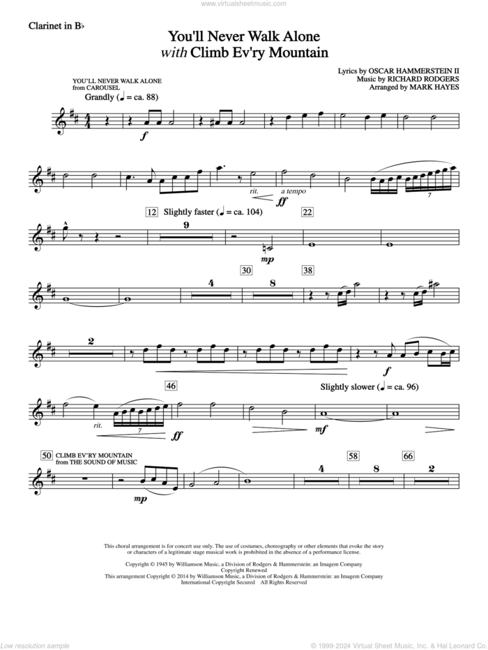 You'll Never Walk Alone (with Climb Every Mountain) sheet music for orchestra/band (Bb clarinet) by Richard Rodgers, Margery McKay, Patricia Neway, Tony Bennett, Mark Hayes and Oscar II Hammerstein, intermediate skill level