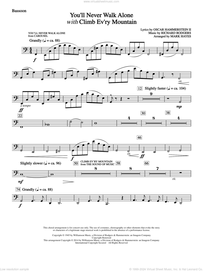 You'll Never Walk Alone (with Climb Every Mountain) sheet music for orchestra/band (bassoon) by Richard Rodgers, Margery McKay, Patricia Neway, Tony Bennett, Mark Hayes and Oscar II Hammerstein, intermediate skill level