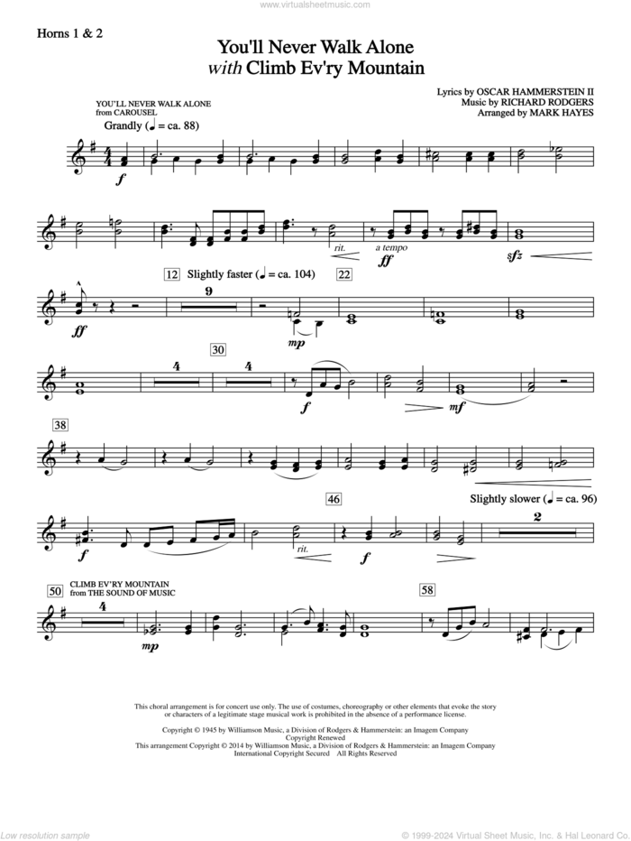 You'll Never Walk Alone (with Climb Every Mountain) sheet music for orchestra/band (f horn 1 and 2) by Richard Rodgers, Margery McKay, Patricia Neway, Tony Bennett, Mark Hayes and Oscar II Hammerstein, intermediate skill level