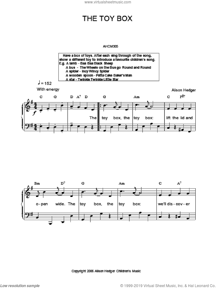 The Toy Box sheet music for voice, piano or guitar by Alison Hedger, intermediate skill level