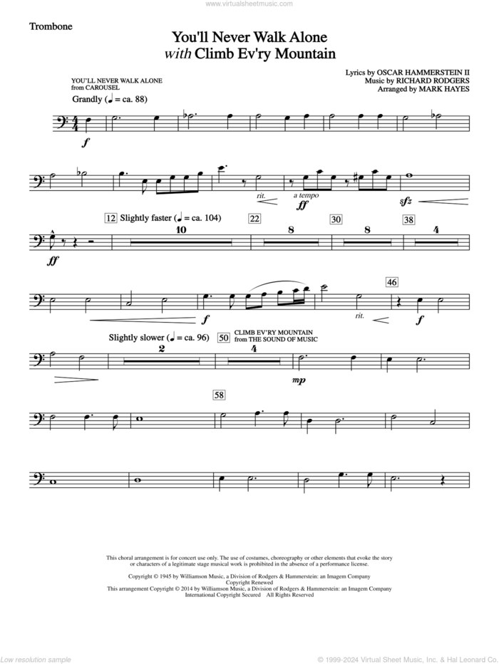 You'll Never Walk Alone (with Climb Every Mountain) sheet music for orchestra/band (trombone) by Richard Rodgers, Margery McKay, Patricia Neway, Tony Bennett, Mark Hayes and Oscar II Hammerstein, intermediate skill level
