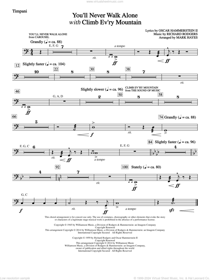 You'll Never Walk Alone (with Climb Every Mountain) sheet music for orchestra/band (timpani) by Richard Rodgers, Margery McKay, Patricia Neway, Tony Bennett, Mark Hayes and Oscar II Hammerstein, intermediate skill level