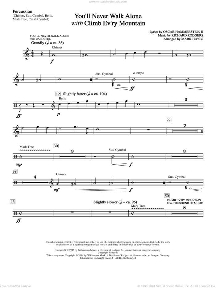You'll Never Walk Alone (with Climb Every Mountain) sheet music for orchestra/band (percussion) by Richard Rodgers, Margery McKay, Patricia Neway, Tony Bennett, Mark Hayes and Oscar II Hammerstein, intermediate skill level