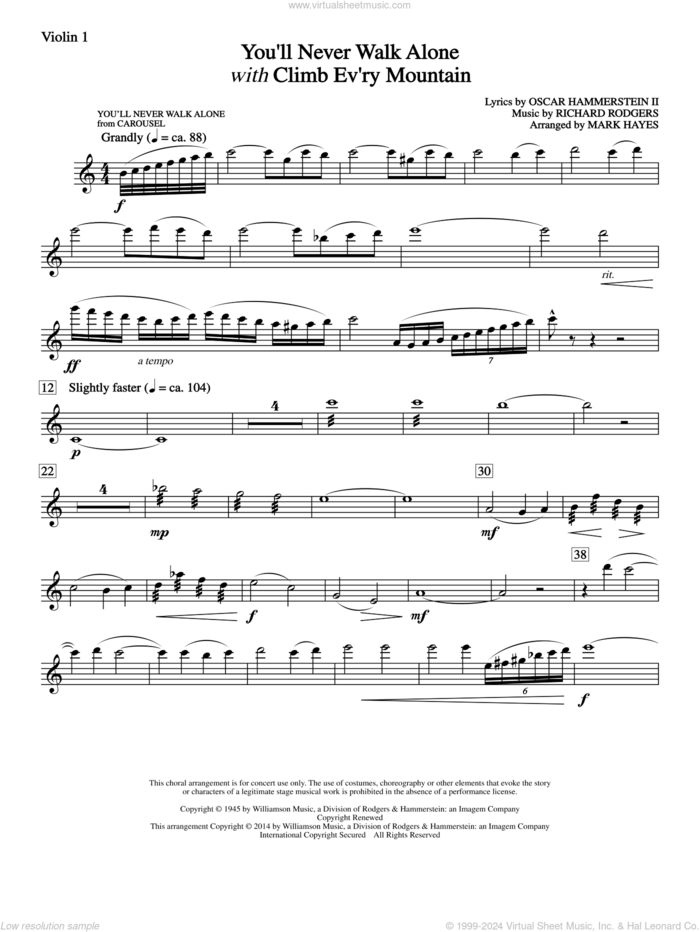 You'll Never Walk Alone (with Climb Every Mountain) sheet music for orchestra/band (violin 1) by Richard Rodgers, Margery McKay, Patricia Neway, Tony Bennett, Mark Hayes and Oscar II Hammerstein, intermediate skill level