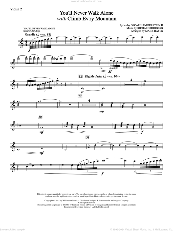 You'll Never Walk Alone (with Climb Every Mountain) sheet music for orchestra/band (violin 2) by Richard Rodgers, Margery McKay, Patricia Neway, Tony Bennett, Mark Hayes and Oscar II Hammerstein, intermediate skill level