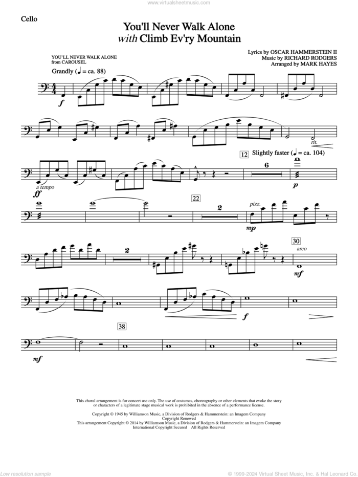 You'll Never Walk Alone (with Climb Every Mountain) sheet music for orchestra/band (cello) by Richard Rodgers, Margery McKay, Patricia Neway, Tony Bennett, Mark Hayes and Oscar II Hammerstein, intermediate skill level