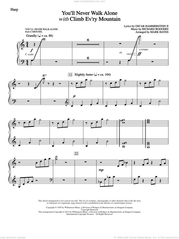 You'll Never Walk Alone (with Climb Every Mountain) sheet music for orchestra/band (harp) by Richard Rodgers, Margery McKay, Patricia Neway, Tony Bennett, Mark Hayes and Oscar II Hammerstein, intermediate skill level