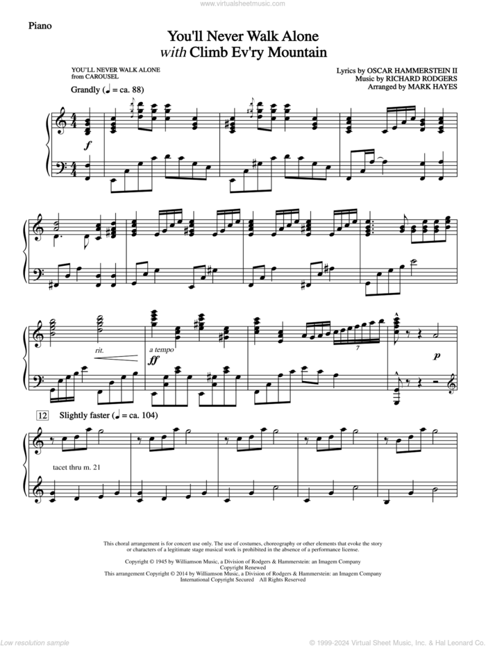 You'll Never Walk Alone (with Climb Every Mountain) sheet music for orchestra/band (piano) by Richard Rodgers, Margery McKay, Patricia Neway, Tony Bennett, Mark Hayes and Oscar II Hammerstein, intermediate skill level