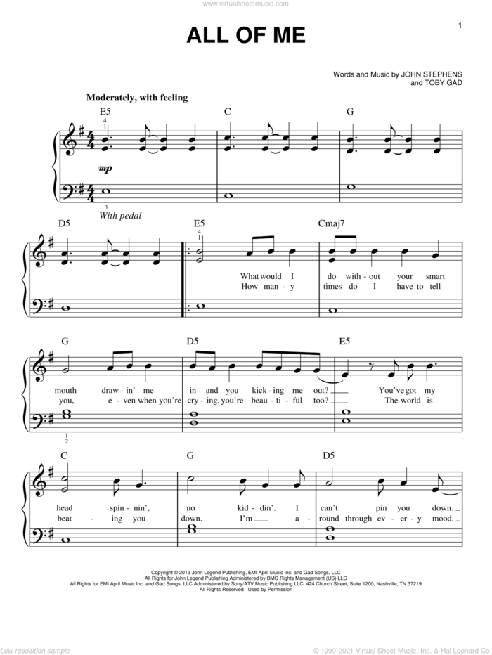 All Of Me, (beginner) sheet music for piano solo by John Legend and John Stephens, wedding score, beginner skill level