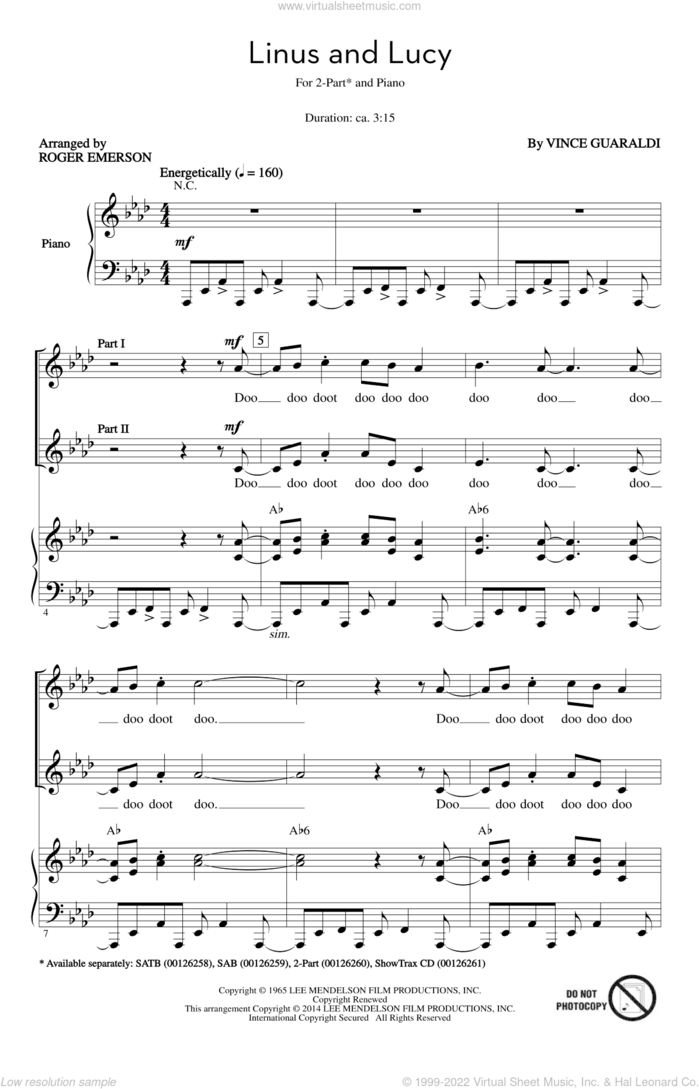 Linus And Lucy sheet music for choir (2-Part) by Roger Emerson and Vince Guaraldi, intermediate duet