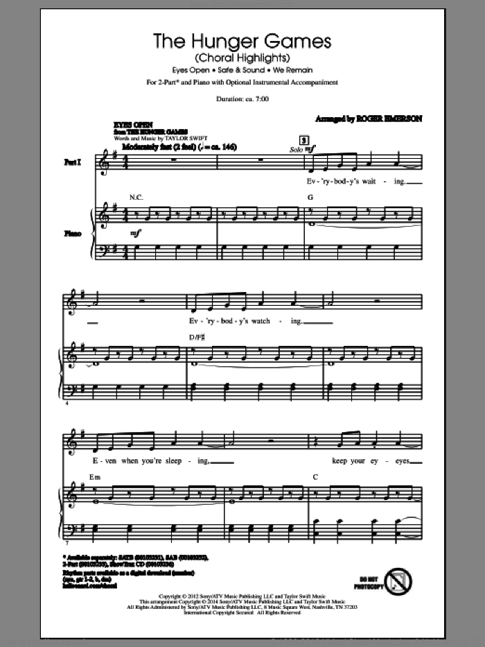 The Hunger Games (Choral Highlights) sheet music for choir (2-Part) by Taylor Swift, Roger Emerson, Christina Aguilera, Taylor Swift featuring The Civil Wars, John Paul White, Joy Williams and T-Bone Burnett, intermediate duet