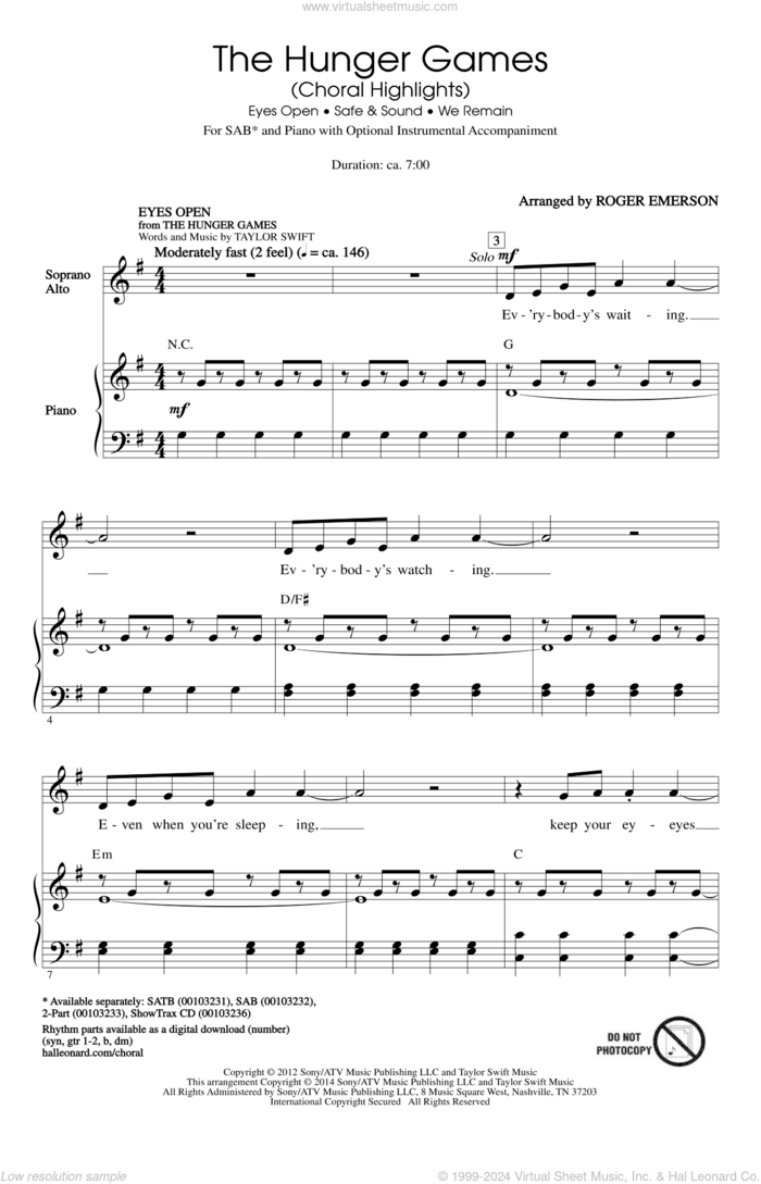 The Hunger Games (Choral Highlights) sheet music for choir (SAB: soprano, alto, bass) by Taylor Swift, Christina Aguilera, Taylor Swift featuring The Civil Wars, John Paul White, Joy Williams, Roger Emerson and T-Bone Burnett, intermediate skill level