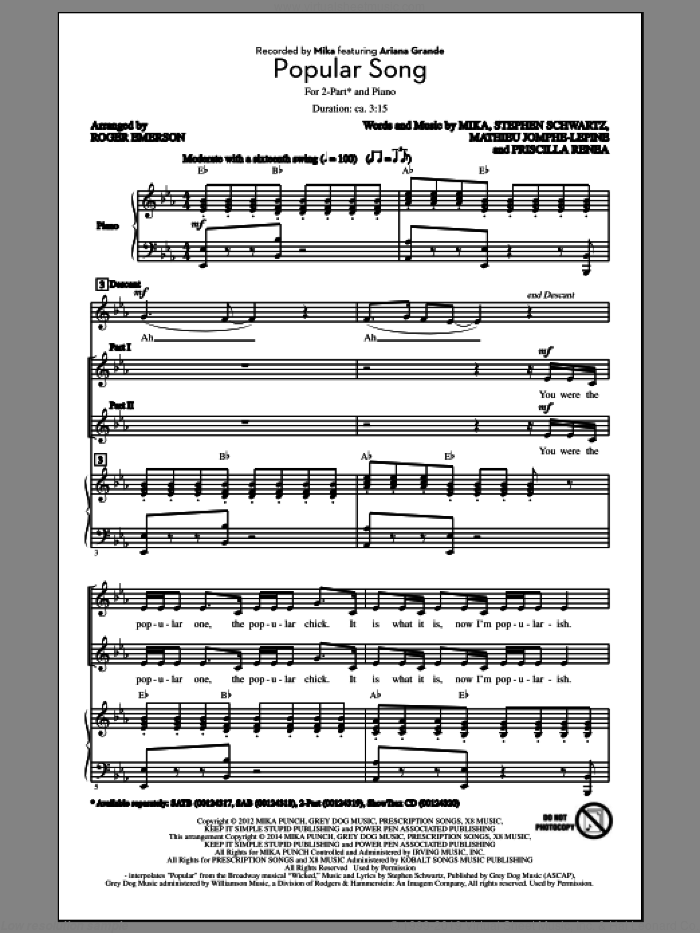 Popular Song sheet music for choir (2-Part) by Roger Emerson, Ariana Grande, Mathieu Jomphe-Lepine, Mika, Priscilla Renea and Stephen Schwartz, intermediate duet