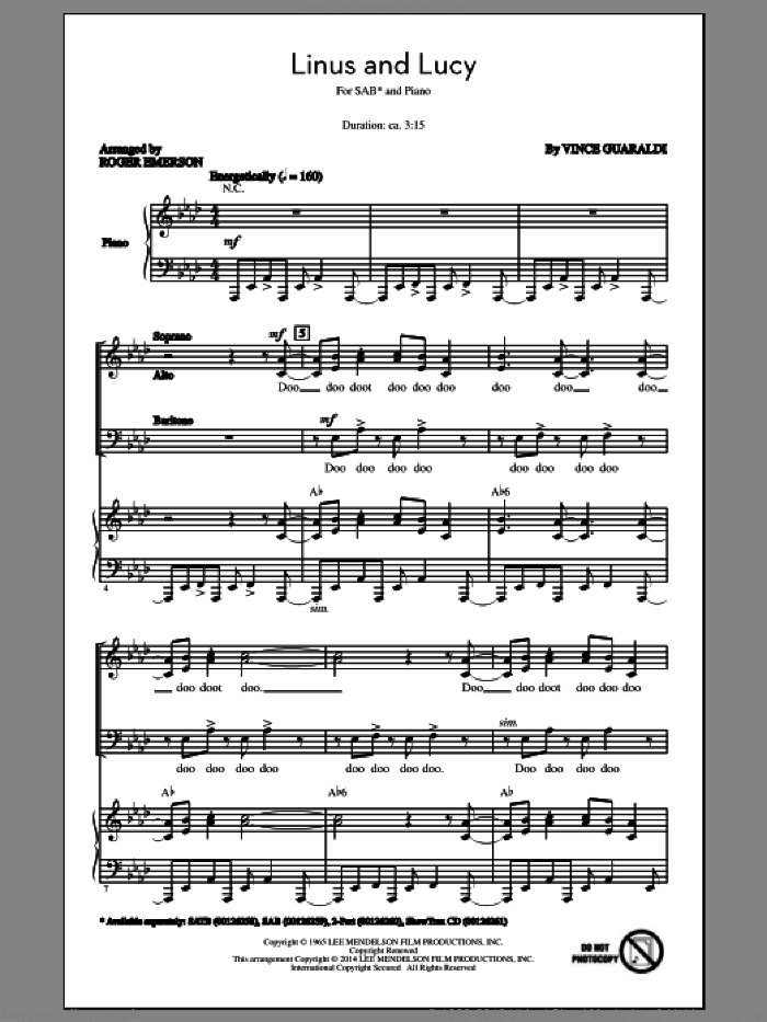Linus And Lucy sheet music for choir (SAB: soprano, alto, bass) by Roger Emerson and Vince Guaraldi, intermediate skill level